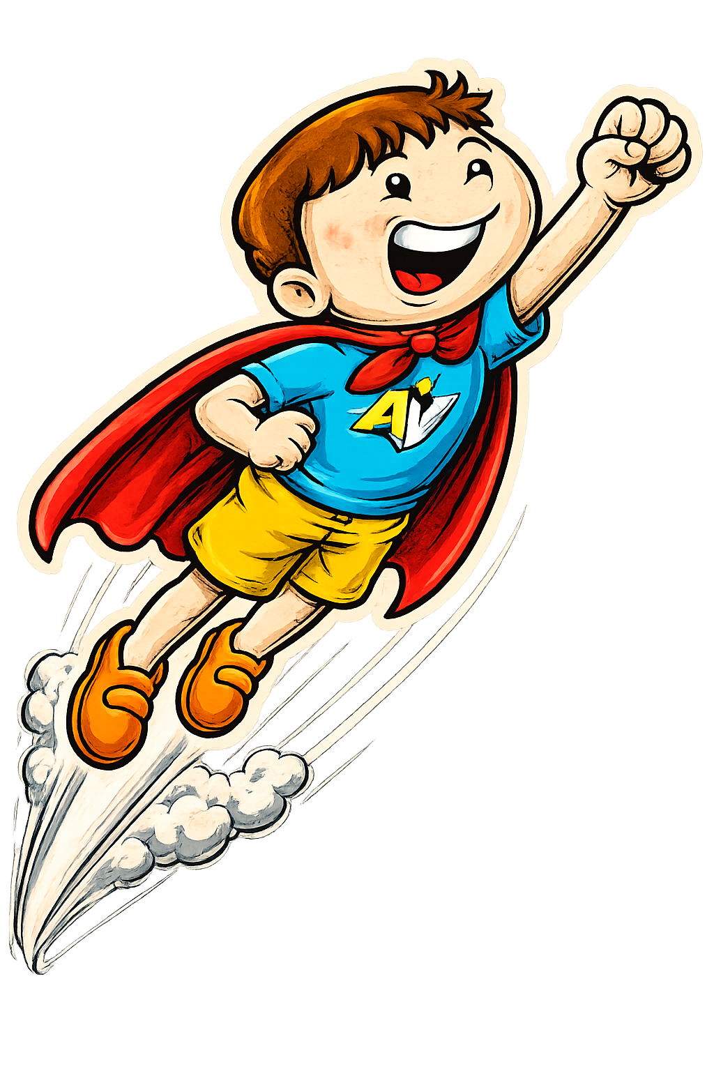 Averra superhero boy flying through clouds